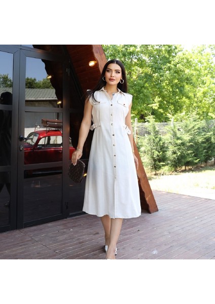 Gold Düğmeli Dar Kalıp Kolsuz Cep Kapaklı Midi Keten Kalem Elbise