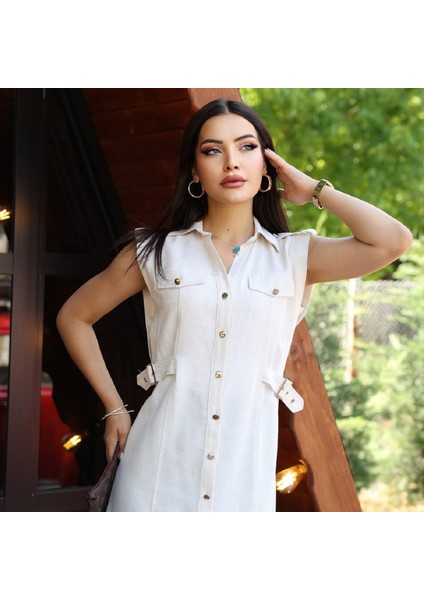 Gold Düğmeli Dar Kalıp Kolsuz Cep Kapaklı Midi Keten Kalem Elbise fiyatları