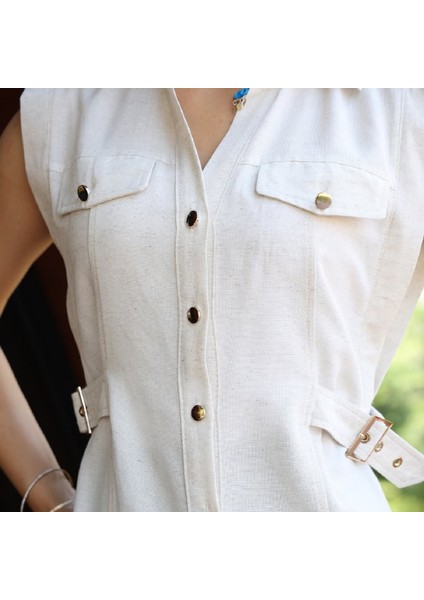 Gold Düğmeli Dar Kalıp Kolsuz Cep Kapaklı Midi Keten Kalem Elbise modelleri