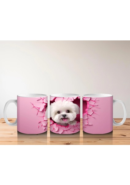 Pembe Çatlak Duvar Arasında Gülümseyen Beyaz Terrier - Baskılı Kahve Kupası indirimleri