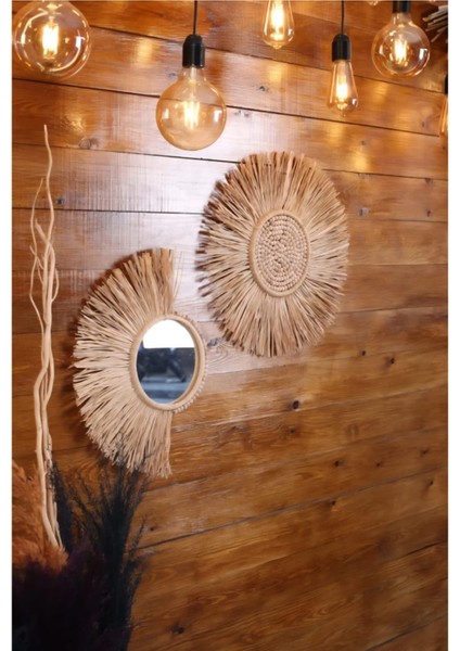 Doğal Rafya Ahşap Boncuklu Duvar Süsü Yelpaze Model 2li