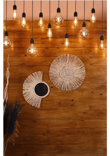 Doğal Rafya Ahşap Boncuklu Duvar Süsü Yelpaze Model 2li modelleri