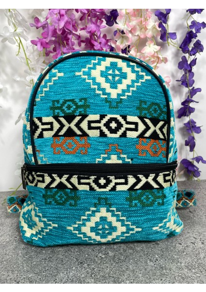 Turkuaz Etnik Desenli Dokuma Mini Kilim Sırt Çantası – El Yapımı Renkli Günlük Çanta