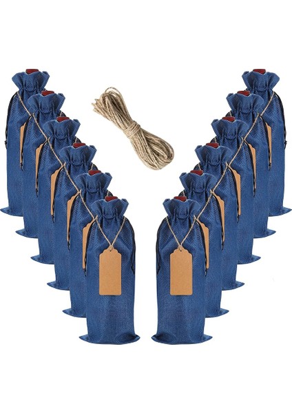 Tekrar Kullanılabilir Çuval Bezi Şarap Çantası, 12 Adet Bağcıklı Şarap Şişesi Hediye Çantaları, Hediye, Noel, Düğün, Doğum Günü, Parti (Mavi) (Yurt Dışından)