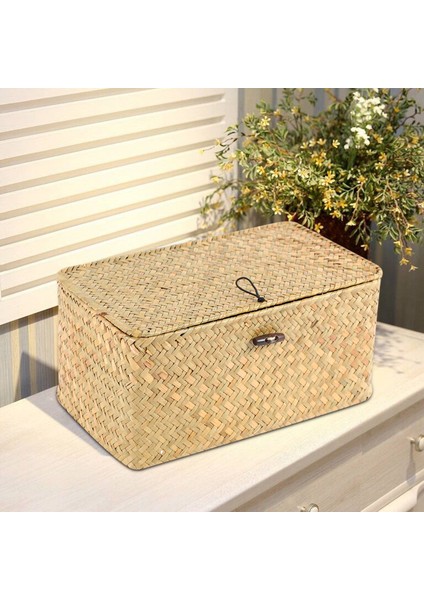 El Yapımı Saman Dokuma Depolama Sepeti Kapaklı Makyaj Organizatör Saklama Kutusu Deniz Çayırı Çamaşır Sepetleri Rattan Mücevher Kutusu(S) (Yurt Dışından) fiyatları
