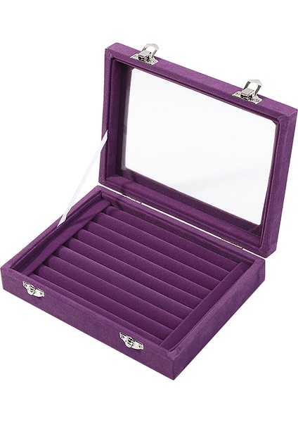 Kadife Cam Yüzük Küpe Mücevher Sergileme Düzenleyici Kutu Tepsi Tutucu Saklama Kutusu - Mor (Yurt Dışından)