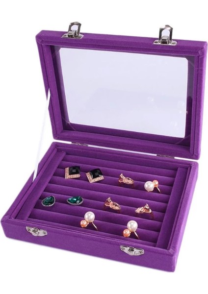 Kadife Cam Yüzük Küpe Mücevher Sergileme Düzenleyici Kutu Tepsi Tutucu Saklama Kutusu - Mor (Yurt Dışından) fiyatları