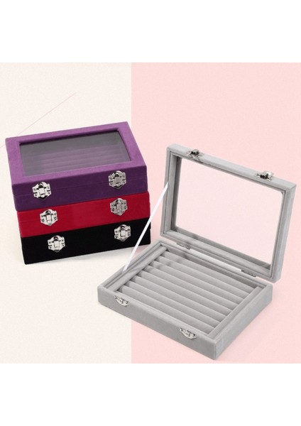Kadife Cam Yüzük Küpe Mücevher Sergileme Düzenleyici Kutu Tepsi Tutucu Saklama Kutusu - Mor (Yurt Dışından) modelleri