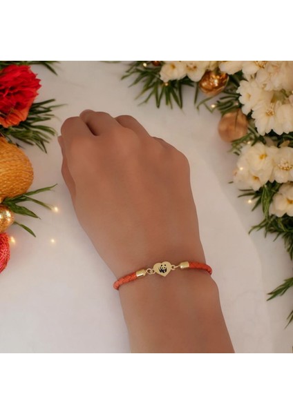 Panda Temalı Turuncu Derili Kalp Figürlü 14 Ayar Altın Plakalı Hediye BILEKLIK-434SEMBOL