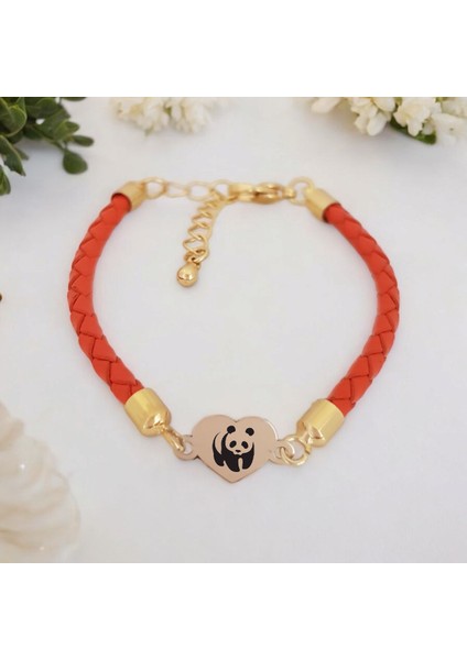 Panda Temalı Turuncu Derili Kalp Figürlü 14 Ayar Altın Plakalı Hediye BILEKLIK-434SEMBOL fiyatları