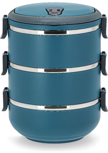 Kulplu Çelik Sefer Tası - Yemek Termosu Saklama Kabı 3 Katlı Antrasit Mavi
