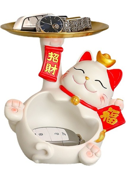Fortune Kedi Heykeli, Creatives Sevimli Fortune Kedi Tepsisi, Reçine Fortune Kedi Heykeli ve Tabak, Fortune Kedi Anahtar Saklama Tepsisi A (Yurt Dışından)