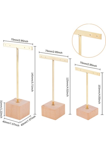 3 Adet Altın Metal T Küpe Ekran Standı Ahşap Kare Taban ile 4 Delik Takı Tutucular Asılı Küpe Organizatör (Yurt Dışından)