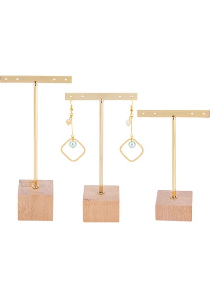 3 Adet Altın Metal T Küpe Ekran Standı Ahşap Kare Taban ile 4 Delik Takı Tutucular Asılı Küpe Organizatör (Yurt Dışından) modelleri