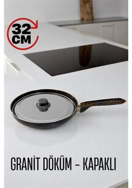 Granit Döküm Tava Paslanmaz Çelik Kapaklı -Yapışmaz Taban 32 cm