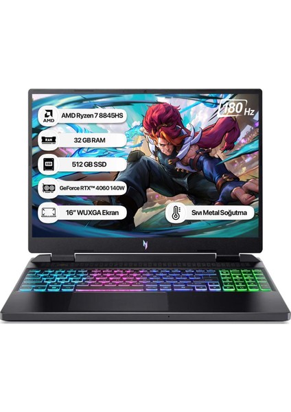 Nitro 16 NH.QSKEY.003-32 Ryzen 7 8845HS 32GB 512GB SSD RTX4060-140W Freedos 16" WUXGA 180Hz Taşınabilir Bilgisayar