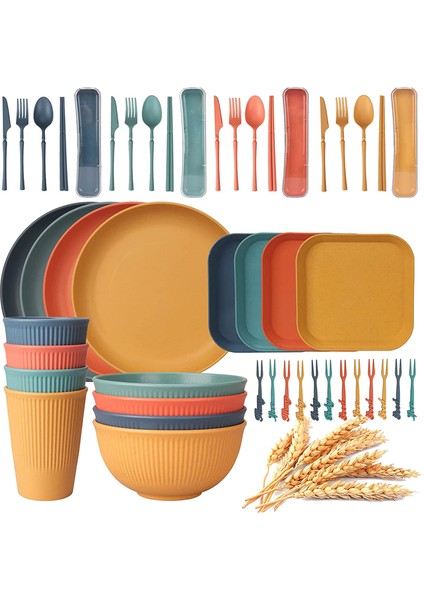 48 Parça 4 Kişilik Kırılmaz Yemek Takımı, Kamp Tabak ve Kase Seti, Piknik Yemek Takımı, Servis Tabakları (Yurt Dışından)