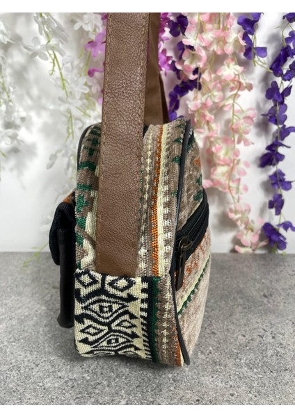 Etnik Desenli Yuvarlak Kilim Dokuma Omuz Çantası - Ayarlanabilir Askılı modelleri