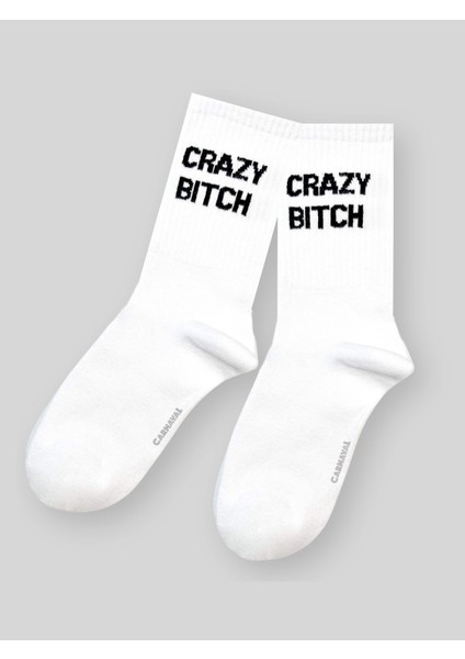 Crazy B.itch Yazılı Unisex Beyaz Tenis Çorap