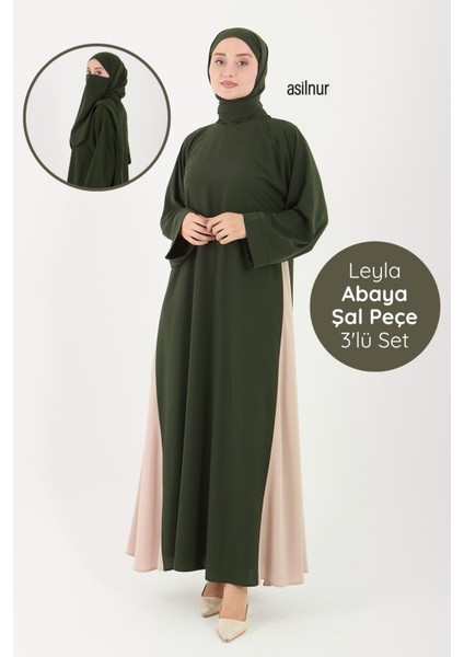 Leyla Abaya Şal Peçe 3'lü Set Haki