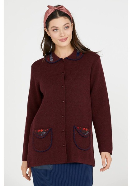 Bebe Yaka Nakışlı Kadın Triko Ceket - Bordo