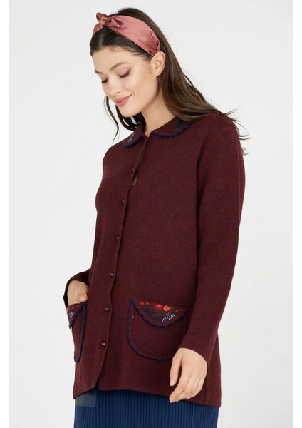 Bebe Yaka Nakışlı Kadın Triko Ceket - Bordo fiyatları