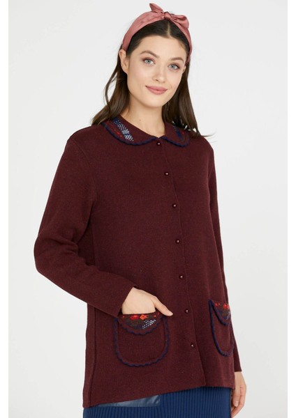 Bebe Yaka Nakışlı Kadın Triko Ceket - Bordo modelleri
