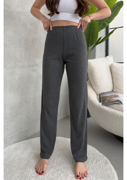 Kadın Füme Yüksek Bel Fitilli Bol Paça Günlük Ince Eşofman Altı Pijama modelleri