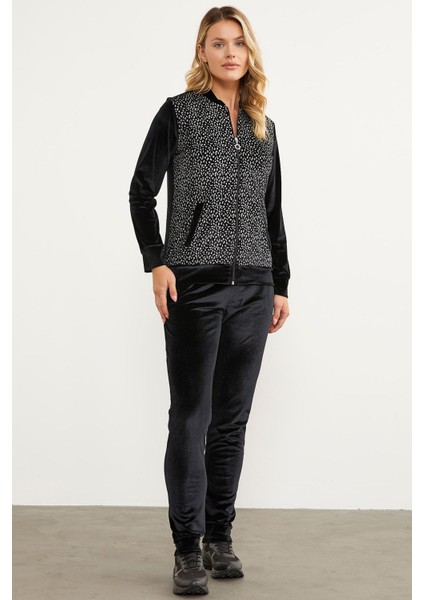 Desenli Payet Kumaş Kombinli Kadife Eşofman Takım - Siyah