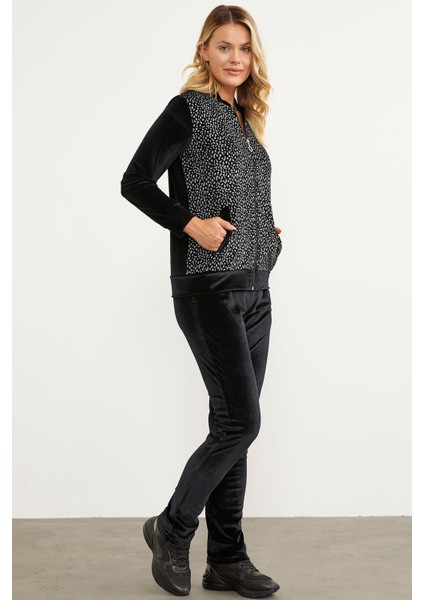 Desenli Payet Kumaş Kombinli Kadife Eşofman Takım - Siyah modelleri