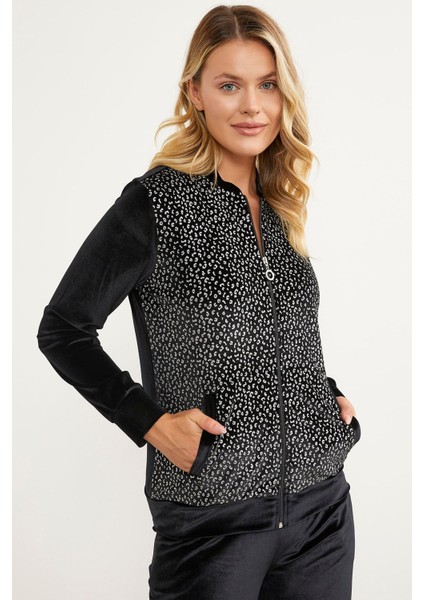 Desenli Payet Kumaş Kombinli Kadife Eşofman Takım - Siyah fırsatları