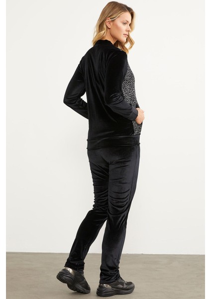 Desenli Payet Kumaş Kombinli Kadife Eşofman Takım - Siyah