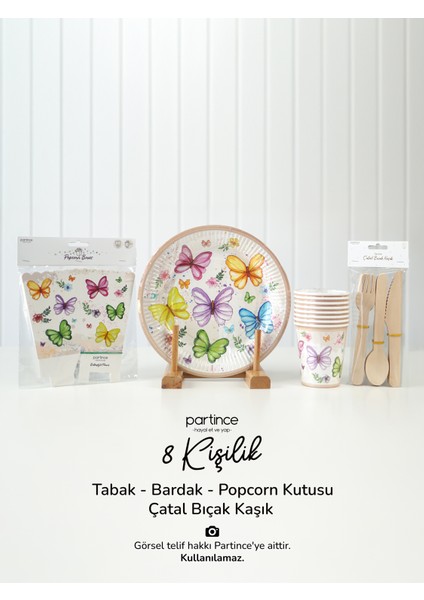 8 Kişilik Pastel Kelebek Çiçek Tema Kullan At Karton Popcorn Mısır Kutusu- Tabak-Bardak-Çatal Kaşık Bıçak Parti Seti
