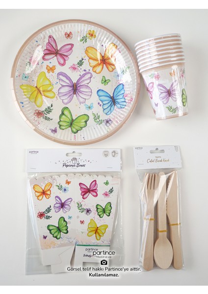 8 Kişilik Pastel Kelebek Çiçek Tema Kullan At Karton Popcorn Mısır Kutusu- Tabak-Bardak-Çatal Kaşık Bıçak Parti Seti fırsatları
