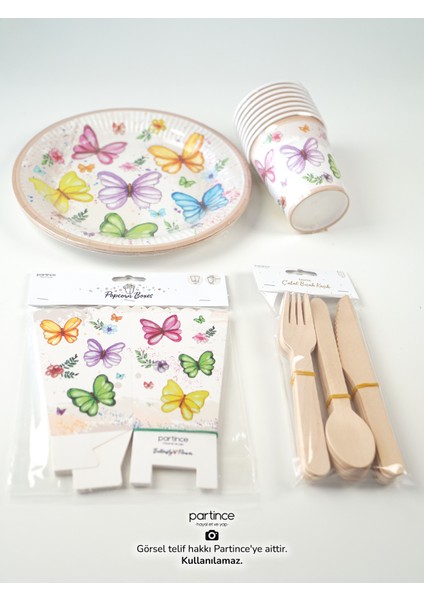 8 Kişilik Pastel Kelebek Çiçek Tema Kullan At Karton Popcorn Mısır Kutusu- Tabak-Bardak-Çatal Kaşık Bıçak Parti Seti