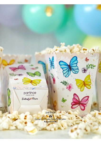 8 Kişilik Pastel Kelebek Çiçek Tema Kullan At Karton Popcorn Mısır Kutusu- Tabak-Bardak-Çatal Kaşık Bıçak Parti Seti