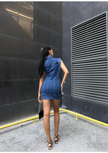 Kadın Mavi Renk Önü Düğmeli Rahat Kesim Denim Elbise Kot Elbise Denim Dress modelleri