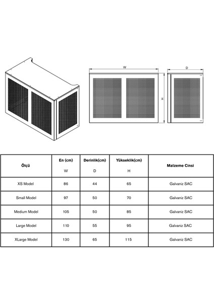 Klima Motoru Gizleme Kafesi 105X50X85CM (H) Ral 7016 Antrasit Rengi Kare Delikli Medium Model 24000 BTU