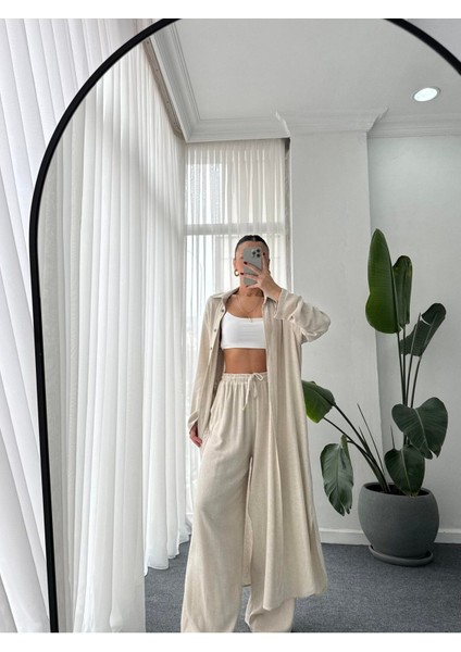 Geniş Paça Pantolon Uzun Gömlek Düğmeli Kimono Takım
