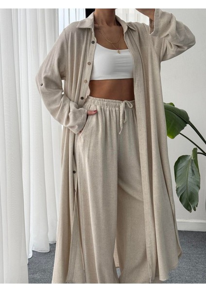 Geniş Paça Pantolon Uzun Gömlek Düğmeli Kimono Takım fiyatları