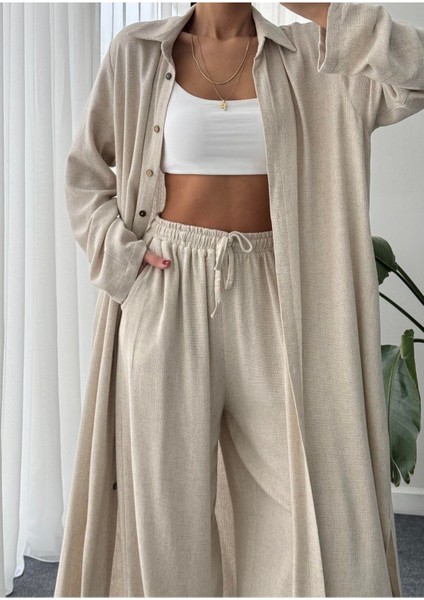 Geniş Paça Pantolon Uzun Gömlek Düğmeli Kimono Takım modelleri