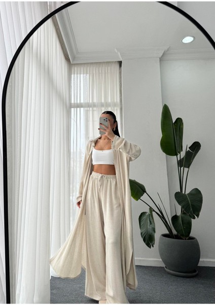 Geniş Paça Pantolon Uzun Gömlek Düğmeli Kimono Takım fırsatları