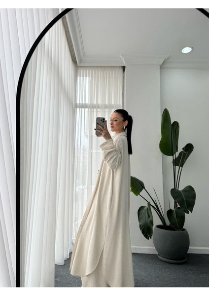 Geniş Paça Pantolon Uzun Gömlek Düğmeli Kimono Takım indirimleri