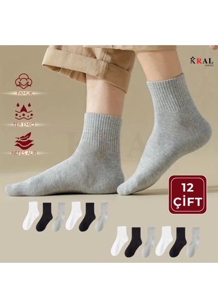 12 Çift Unisex Spor Tenis Kolej Çorabı – Pamuklu Nefes Alabilen Rahat Çorap Seti