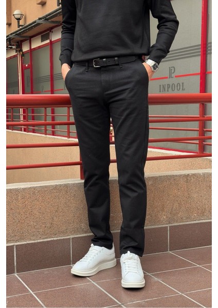 Erkek, Siyah, Slim fit, pamuklu dokuma pantolon