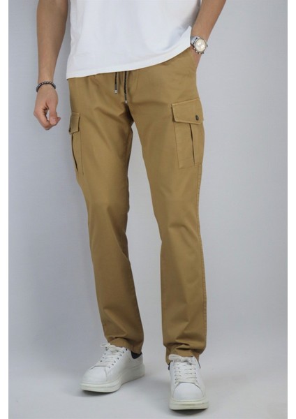 Bel bağcıklı, Pamuklu gabardin kumaş, Oversize-Regular fit kargo cep pantolon 256