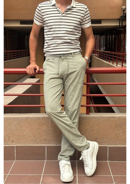 Erkek, regular-fit, lastikli, old-money culture, pamuklu, keten dokuma kumaş pantolon 24INP279