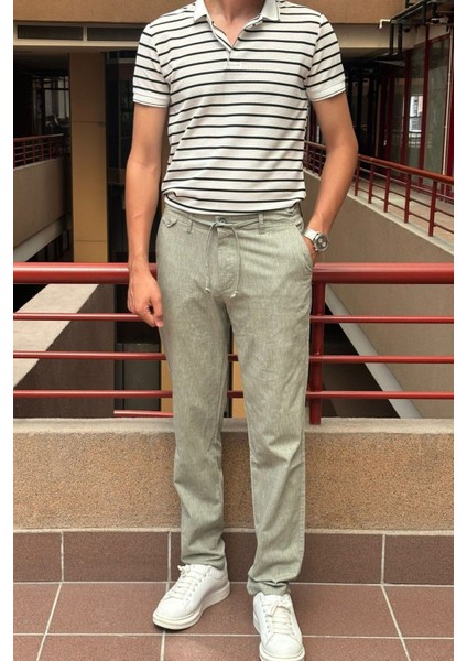 Erkek, regular-fit, lastikli, old-money culture, pamuklu, keten dokuma kumaş pantolon 24INP279 indirimleri