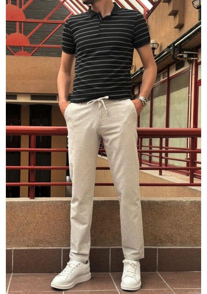 Erkek, bel lastikli, keten görünümlü, standart fit, bağcıklı dokuma pantolon 216-2