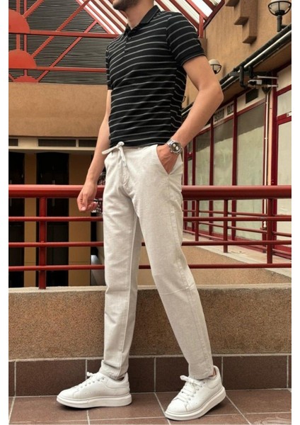 Erkek, bel lastikli, keten görünümlü, standart fit, bağcıklı dokuma pantolon 216-2 fiyatları